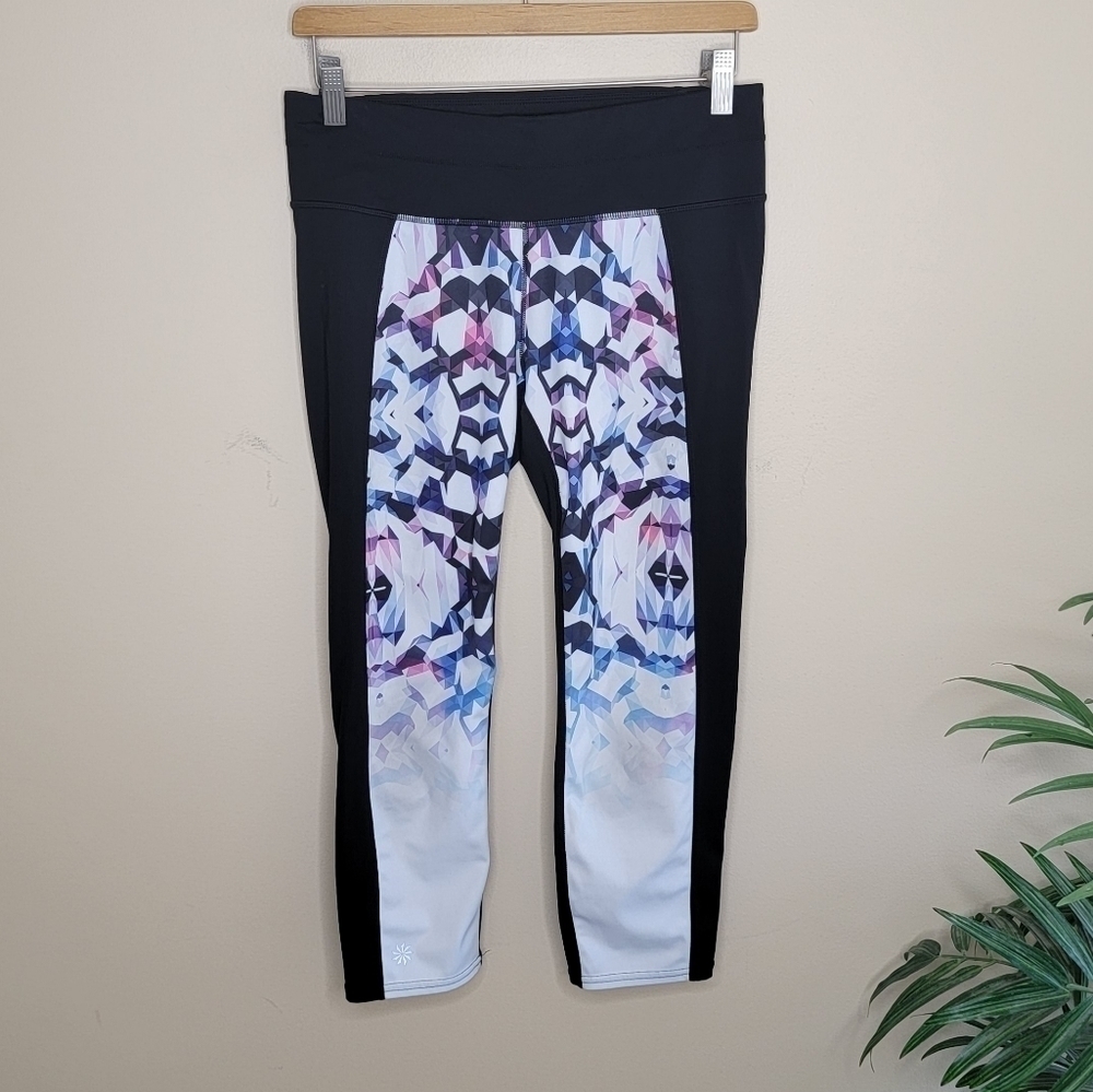Athleta | Black White Pink Purple Geometric Cropped Leggings Size Medium